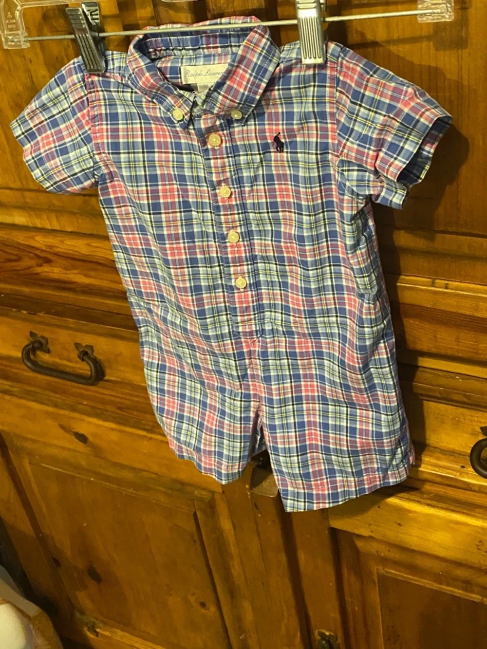 Ralph Lauren Baby Boy Plaid Short Sleeve Shortall Romper size 6 months